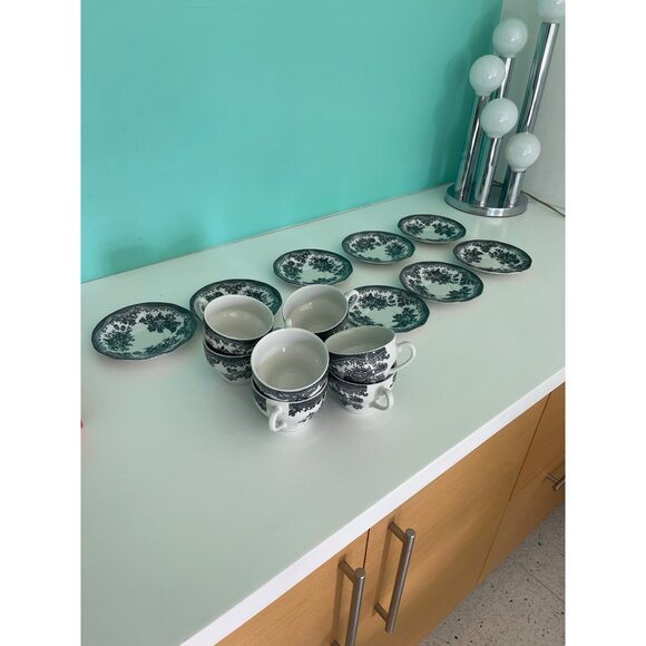 Johnson Brothers Tea Cups And Saucers Black Asiatic Pheasant Set of 8 - Picture 6 of 12